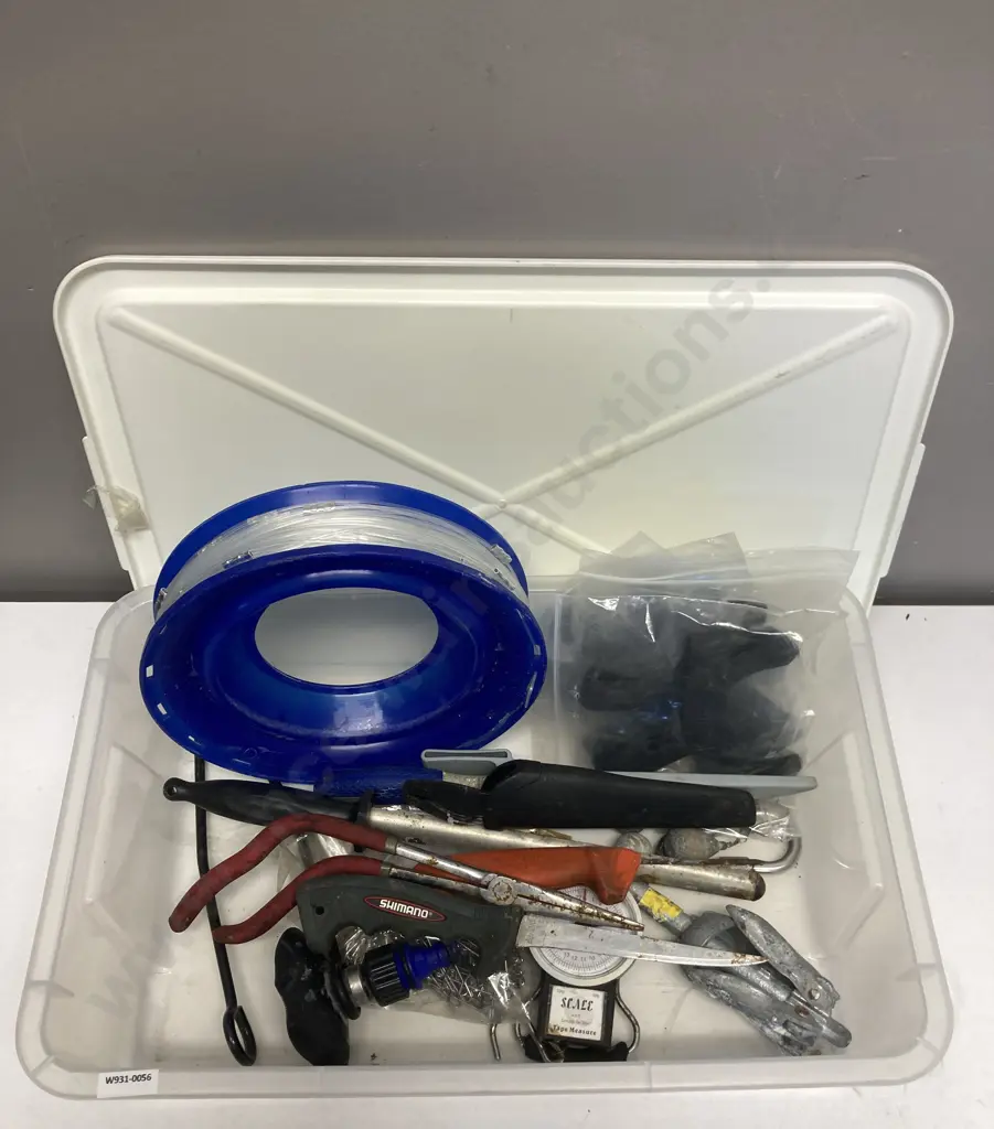ProHunter Reel & Line, Fishing Scales, Knives Etc In Plastic Lidded Bin Image 1++